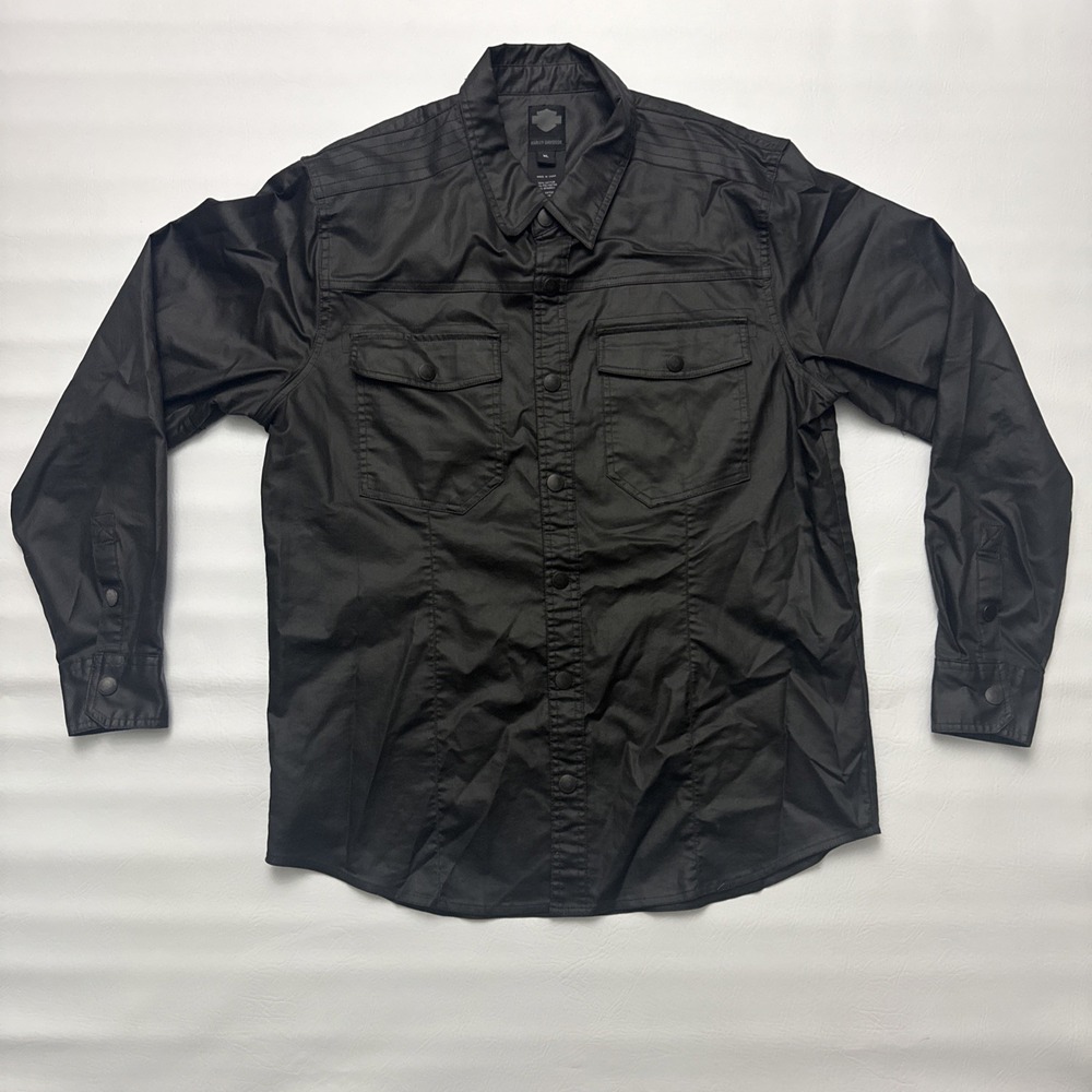 Harley Davidson Wax Coated Jacket Black Coat Snap Front Men's Sz XL Rare